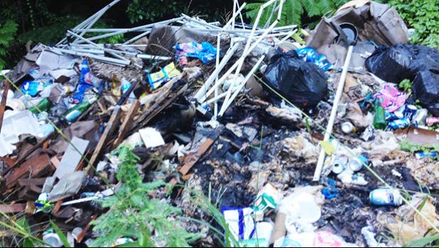 A look at the piles of trash currently dumped – illegally — on the side of the road in Poloa village. The litter problem in this area has become so bad that passersby are asking, “Out of sight, out of mind?”  [photo: BC]