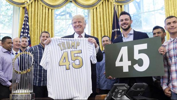 President Donald Trump with Chicago Cubs third baseman Kris Bryant in June. (AP Photo/Susan Walsh, File)