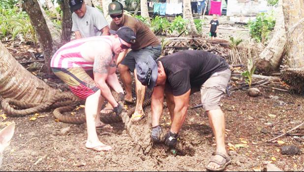 On Saturday, February 11, the local Auxiliary flotilla teamed up with friends and neighbors at Coconut Point and collected trash and debris from the mangrove swamp bordering Pala Lagoon. Part of the effort included a real tug of war contest – which had to be ended with a saw!  [Courtesy photo]