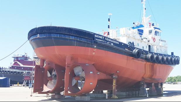 A recent photo, provided by the ASG Port Administration, showing the tugboat, ‘Signet Courageous’, in Louisiana. This used tugboat is being checked by Port Administration engineers, who are in Louisiana, as a possible second tugboat for the Port of Pago Pago.  [courtesy photo]