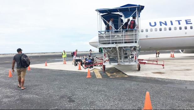 A United Airlines aircraft on the tarmac in Marshall Islands