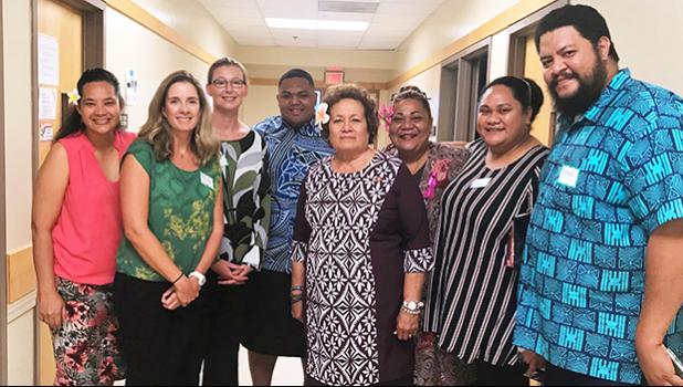 Jessica Podoski (second from left) and the American Samoa climate change working group pausing for a photo with American Samoa’s Congresswoman Aumua Amata (center) 