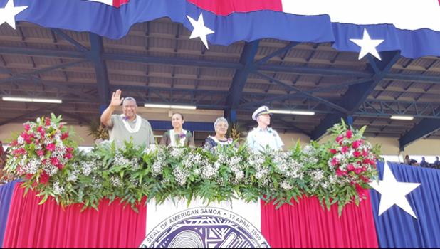 Rear Adm. Kevin Lunday, commander Coast Guard 14th District, joins acting Governor Lemanu Mauga and first lady Cynthia Moliga April 17, 2019, to celebrate the 119th anniversary of American Samoa becoming a U.S. territory, also known as Flag Day. American Samoa is one of five U.S. territories including Guam, the Northern Mariana Islands, Puerto Rico, and the U.S. Virgin Islands. (Photo courtesy Lydia Faleafine-Nomura/Released) Rear Adm. Kevin Lunday, commander Coast Guard 14th District, joins acting Governor Lemanu Mauga and first lady Cynthia Moliga
