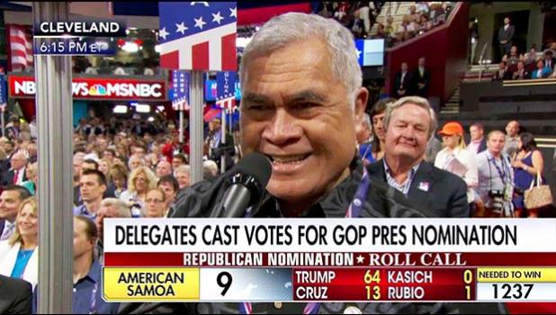 Utu Abe Malae, casting live on national television American Samoa’s vote during the 2016 National Republican Convention in Cleveland, Ohio for then candidate for US President, Donald J. Trump. 