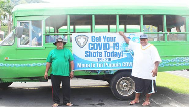Aiga bus with free rides to vaccine sites banner