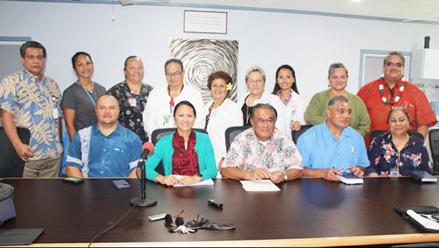 J Medical Center Chief Executive Officer, Faumuina John Faumuina (3rd from left) and Health director Motusa Tuileama Nua (4th from left) — along with task force members and medical personnel