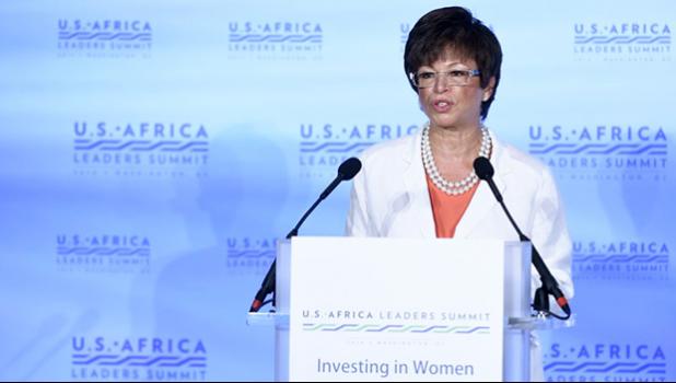 In this Aug. 4, 2014 file photo, then White House Senior Adviser Valerie Jarrett speaks in Washington during the Investing in Women, Peace and Prosperity luncheon of the 2014 US Africa Summit. Great American Republic, a website that describes itself as a news curator, published the claim July 1, 2018 as part of a story suggesting that Obama is “helping lead the anti-Trump resistance from his DC compound.” The report did not provide any details or a source for the information. Obama’s personal office denied that Jarrett has moved in with him and his wife Michelle. Jarrett could not be reached for comment. (AP Photo/Susan Walsh, File) Valerie Jarrett in an AP file pphoto