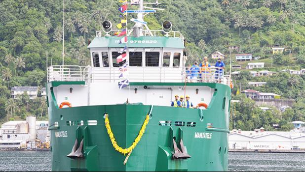 ASG’s new MV Manu’atele during one of its three turnarounds in front of the main docks in Fagatogo, upon sailing into the Port of Pago Pago on Jan. 4. It is still awaiting US Coast Guard clearance for its maiden voyage to the Manu’a islands. See story below.  [photo: AF]