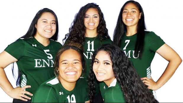  [l-r back row]: #5 Rae Sapiga (setter, 5’7”); #11 Sarah Tuioti-Mariner (outside/opposite side hitter, 5’10”); and #7 Adriana Puni (outside/opposite side hitter, 5’9”) [l-r front] #19 Fofoga Luamanuvae (outside hitter, 5’8”); and #3 Qitana Sapiga (setter, 5’5”)