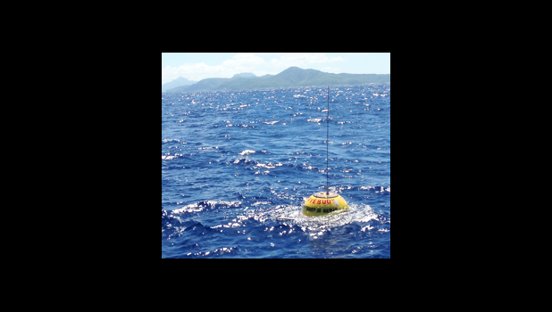 The Pacific Islands Ocean Observing System wave buoy off Aunu’u that was recently tampered with. It’s the only wave buoy in the Samoan waters.  [photo: Kimball Milikan/via Samoa News]