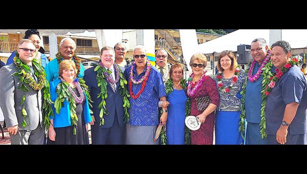 American Samoa's newest option for higher education was officially celebrated yesterday during a brief ceremony to welcome Wayland Baptist University to American Samoa. Pictured with a group of local dignitaries are (front row l-r) Dr. Dan Jacobson, executive director and campus dean of Wayland's Hawai’i campus; Dr. Elane Seebo, vice president of external campuses; and Dr. Bobby L. Hall, president of Wayland Baptist University.   [photo: Blue Chen-Fruean]