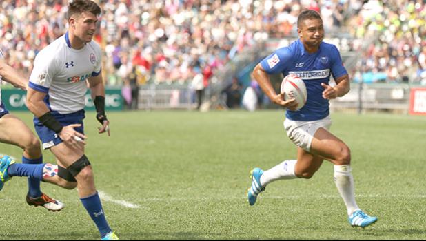 At the HSBC World Rugby Sevens Series XVIII in Hong Kong on April 8, 2017 Samoa's Alamanda Motuga outruns South Korea's defense in pool play.  Samoa beat South Korea 22-12 to finish third in Pool D.   Samoa will play Scotland in the Bowl quarter final.  South Korea will go against Russia.