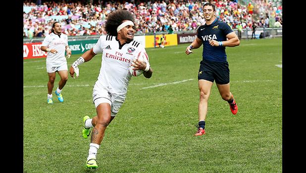 At the HSBC World Rugby Sevens Series XVIII in Hong Kong on April 8, 2017 USA's Folau Niua heads for the try line against Argentina.  USA beat Argentina 33-5 to win Pool D with 9 points.   USA will face England in the Cup quarter finals.  Argentina  will play Australia, winner of Pool A.