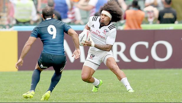 At the HSBC World Rugby Sevens Series XVIII in Hong Kong on April 8, 2017 USA's Folau Niua heads for the try line against Argentina.  USA beat Argentina 33-5 to win Pool D with 9 points.   USA will face England in the Cup quarter finals.  Argentina  will play Australia, winner of Pool A.
