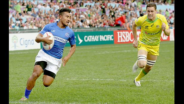 Samoa Toloa scoring under the posts for Samoa's first try in Hong Kong as Samoa lost to Australia 22-19 in the pool play opener on Friday, April 7th at the 2017 Cathay Pacific/HSBC Hong Kong Sevens.  