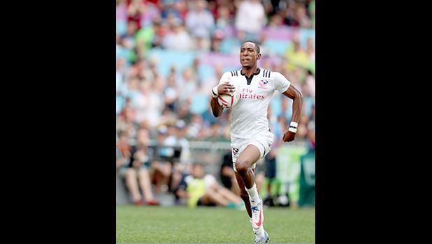At the HSBC World Rugby Sevens Series XVIII in Hong Kong on April 8, 2017 USA's Perry Baker goes end to end to score against Argentina.  USA beat Argentina 33-5 to win Pool D.  