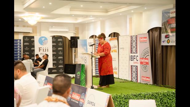 Deputy Prime Minister Mulipola Anarosa Ale-Molio‘o delivers the keynote address during the Samoa Open 2026 cocktail reception at the Sheraton Aggie Grey’s Hotel on Wednesday evening. (Photo: Keith Ropati.) WELCOME GOLFERS