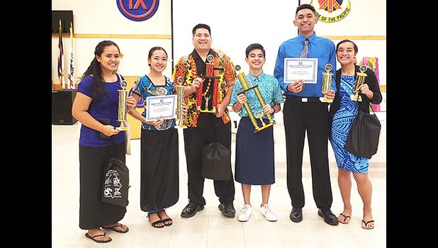 (L-R) are the Top 6 winners of the competition: Noelle Lei Sam (SPA), 4th Place; Avril Louella Regis (FMHS) 3rd Place; Osana Laulu (LHS), 2nd Place; Vincent Maverick Jagon (FMHS), 1st Place; Kutori Temese (Manumalo), 5th Place; and Jodesy Fuiava (Manumalo), 6th place.