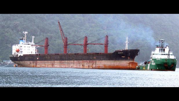 North Korean cargo ship, Wise Honest (left) with a towing vessel in the bay area waters