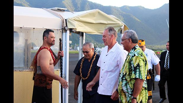 Talauega Eleasalo Ale, dressed in Samoan chiefly attire, Gov. Lolo Matalasi Moliga, US Secretary of Interior, Ryan Zinke, and US Interior Department official Nikolao Pula
