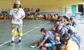 A member of the team, headed by Jeremiah Masoli, speaking Monday morning to students, during the athletics clinic at Leone High School, which was the last public high school, visited by the team, during their one week on island. The San Francisco-based non-profit group CASEProject teamed up with Masoli, whose parents are from American Samoa, to set up literacy workshops — called “Samoan Voice” — and football clinics throughout last week, including a “football combine and skills clinic,” held last Saturday. 