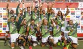  South Africa celebrate after winning the Cup Final match between South Africa and Fiji at the HSBC Rugby Sevens Series held in Sam Boyd Stadium March 3-5, 2017. Final score:  South Africa 19, Fiji-12. (Photo by Allan Hamilton/ Calibre Sports Photomedia)