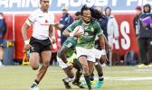 Cecil Afrika #10 of South Africa scores during the Cup Final match between South Africa and Fiji at the HSBC Rugby Sevens Series held in Sam Boyd Stadium March 3-5, 2017. Final score:  South Africa-19, Fiji-12. (Photo by Allan Hamilton/ Calibre Sports Photomedia)