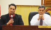 Attorney General, Talauega Eleasalo Ale and Director of Department of Homeland Security, Samana Semo Ve’ave’a. Talauega has requested Samana to install security cameras at the Immigration Office, including the room used to take ID card photos.  [photo: AF]