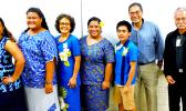 Four of the five ASCC Business students who went on a field trip to Samoa in late April, celebrate their return with Business Department chairperson Dr. Faofua Fa’atoafe and instructors Lam Yuen Lam Yuen Jr. and Ioapo Taua’i.  [photo: J. Kneubuhl]