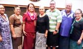 ASCC President Dr. Rosevonne Makaiwi Pato (3rd left) is seen here with Faculty Senate President Mr. Poe Mageo (2nd right) and members of the ASCC faculty following Dr. Pato's speech at last week's Faculty Convocation.  [Photo: J. Kneubuhl]