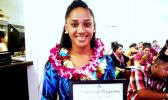 Spring 2017 ASCC graduate Salome L. Saili displays her award from the Samoan Studies Department during the Graduate Banquet held last week. The event recognizes academic achievement and leadership in the diverse areas of study offered at ASCC.  [Photo: J. Kneubuhl]