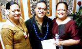 ASCC President Dr. Rosevonne Makaiwi-Pato and Dean of Affairs Letupu Moananu presented Fine Arts Department chairman Kuki Tuiasosopo with a letter of recognition from the headquarters of the Phi Theta Kappa (PTK) International Honors Society. The PTK has recognized Tuiasosopo for five years of service as an advisor to the ASCC Alpha Epsilon Mu chapter of the society.  [photo: J. Kneubuhl]