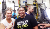 Left is Ms. Ruby Tapua'i (ASCC Science Lab Technician and Marine Science graduate from U.H. Hilo) and right is Ms. Claudia Thompson in front of the NOAA R/V Okeanos Explorer Remotely Operated Vehicle that is used to explore our ocean depths.  Claudia is currently participating in an internship with the NOAA Office of Ocean Exploration. [Photo: K. Anderson-Tagarino]