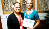 Local artist Regina Meredith-Fitiao of the ASCC Fine Arts Department with ASCC President Dr. Rosevonne Makaiwi Pato. Meredith recently wrote an article on the dyes used for Samoan siapo, which has been published in Turkey Red Journal, an online resource for practitioners all over the world who work with making dyes and applying them. (Photo: J. Kneubuhl) Local artist Regina Meredith-Fitiao of the ASCC Fine Arts Department with ASCC President Dr. Rosevonne Makaiwi Pato. Meredith recently wrote an article on the dyes used for Samoan siapo, which has been published in Turkey Red Journal, an online resource for practitioners all over the world who work with making dyes and applying them. (Photo: J. Kneubuhl)