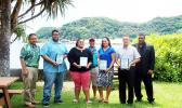 The American Samoa Small Business Development Center (SBDC), in collaboration with Bank of Hawaii, presnted grant awards to some of the Territory's especially promising small businesses at the end of 2016 to help them grow during 2017. Seen here at the presentation ceremony are (l - r) Mr. EJ Ozu (BOH), Nathan Ilaoa (Flying Fox Brewing Co.), Audrey T. Senefili (ACT Chips), Sefulutasi Senefili (ACT Chips), Tina Reid (chEATday), Matt Wade (Alliance Insurance and Financial Services), and Dr. Herbert Thweatt (S
