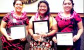 The three finalists in Lau Gagana! Tuvaaga Tusiga Tala Faasamoa, a writing competition in the Samoan language organized by the ASCC Samoan Studies Institute are (left to right) second place winner Andrea Faalei'ua, first place winner Dorothy Mana'o, and third place winner Oneata Melody R. Soi.  [Photo: J. Kneubuhl]