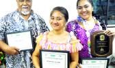 The ASCC Samoan Studies Institute held a ceremony in late November to recognize this year’s winners for its writing competition in the Samoan language. (l-r) Moe Iefata, third place winner; Jaradine Ah Sam, second place winner; and 2017 first place winner Oneata Rosie Soi. [photo: J. Kneubuhl]