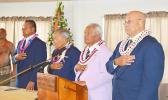 [l-r] Senate President Gaoteote Tofau Palaie, Gov. Lolo Matalasi Moliga, House Speaker Savali Talavou Ale and Chief Justice Lealaialoa Michael Kruse during the national anthems of the United States and American Samoa at yesterday’s opening of the Fono’s joint session to start the First Regular Session of the 35th Legislature.  [photo: AF]