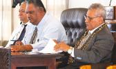 [l-r] ASG Office of Political Status, Constitutional Review and Federal Relations executive director, Tapaau Dr. Daniel Aga; Manu’a District Governor Laolagi F.S. Vaeao; and Western District Governor Fuamatu J.V. Fuamatu appeared recently during a Senate Rules Committee hearing on a House Joint Resolution seeking to increase from two to three, the number of Tualauta faipule in the House. [photo: FS]