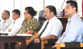 (l-r) Deputy Police Commissioner, Vaimaga Maiava; local Homeland Security director Samana Semo Ve’ave’a; Human Resources director Eseneiaso Liu; Human and Social Services deputy director Muavaefa’atasi John Suisala, and Attorney General Talauega Eleasalo Ale, testifying Wednesday before a Senate committee on a bill requiring drug testing for ASG employees, including elected officials.  [photo: FS]