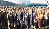 Congresswoman Aumua Amata, Vice President Pence, and Governor Lolo stand before the troops from the  100th Infantry Battalion and Air Force Two at Pago Pago Intl Airport last week.  [Courtesy photo]