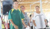 Austin Kaleopa, left, of Utulei Youth receives his 2017 FFAS Futsal Tournament’s championship game MVP award from FFAS executive member Amio Mavaega-Luvu (middle) and FFAS Vice-President and FIFA Council member Sandra Fruean (right), on Monday, May 29 at the Samoana High School gymnasium in Utulei.  [FFAS MEDIA/Brian Vitolio] 