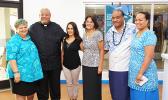 Bluesky Communications Country Manager of American Samoa Filifotu Va'ai-Tinitali (far right) posing with some of her colleagues, as well as Father Vaiula Kolio – just after the dedication ceremony of Bluesky Communications’ newly renovated store, inside the Laufou Shopping Center, yesterday morning. [photo: TG]