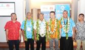 The Prime Minister of Cook Islands officiating the launch of Bluesky-Huawei 4.5G LTE-Advanced network solution with key representatives from both organizations. (From left to right: Dennis Hou - CEO of Huawei Pacific Islands, Phillip Henderson – Country Manager of Bluesky Cook Islands, Henry Puna – Prime Minister of Cook Islands, David Wei – President of Huawei Southern Pacific, Toleafoa Douglas Creevey – CEO of Bluesky Group, and Jack Xu – CEO of Huawei Fiji)  [Courtesy photo]