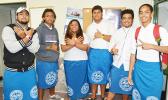 These students volunteered to model, the BugBling, a new “mosquito repellent band” product not yet available in the territory. The mosquito repellant band can be worn on the wrist - as a wrist watch, a person’s ankle (see student model, second from far right) and clipped on a student’s backpack strap (see student model, first from far right.)  [photo: AF]