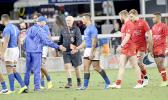 Classy coaches, Canada's Damian McGrath (formerly Manu Samoa) and Samoa's Sir Gordon Tietjens (formerly NZ All Blacks 7s) congratulate each other's teams after Manu Samoa outlasted Canada 19-12 on day 1 Silicon Valley 7s, Avaya Stadium, San Jose, California.  [Photo: Barry Markowitz]