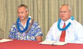 Samoa Police Commissioner, Egon Keil, and DPS Commissioner, Le’i Sonny Thompson during last year’s PTCN conference in American Samoa.  [photo: AF]