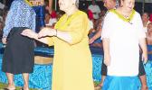 First Lady Cynthia Malala Moliga joined Sister Sheila and others during the taualuga for the Catholic Tafuna Youth performance at the Hope House Fiafia Night Fundraiser event, Monday evening, at Fatuoaiga Malae. [photo: Leua Aiono Frost]