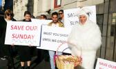 First Union members - and a giant Easter bunny - picket Auckland councilors before their meeting on Easter Sunday trading.  [Photo: RNZ / Anusha Bradley]