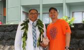 Rev. Ioane Evagelia and Michael McDonald, President of the American Samoa Association of Paddlers (ASAP) on Tuesday afternoon in celebration of the six new outrigger canoes being blessed in a ceremony at Sadie’s by the Sea beach. [photo: Ese Malala]